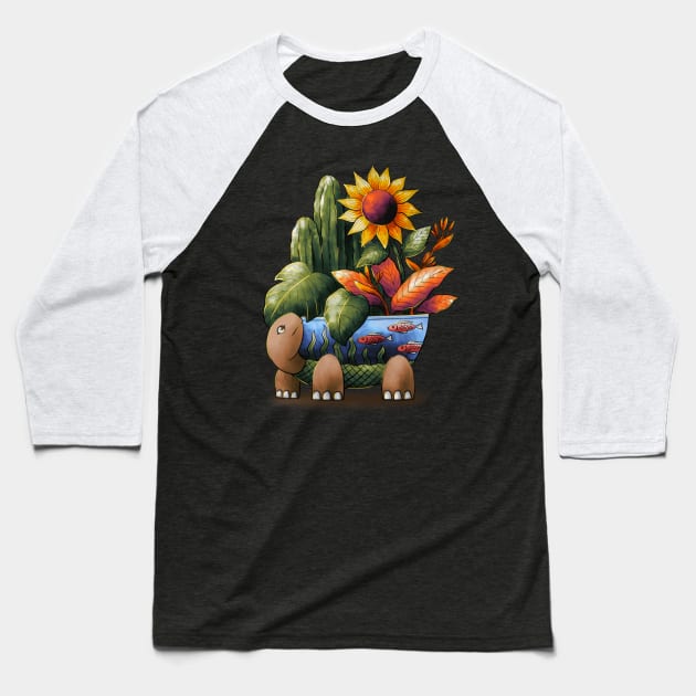 Moving Turtle and Flower Baseball T-Shirt by MANASUKA